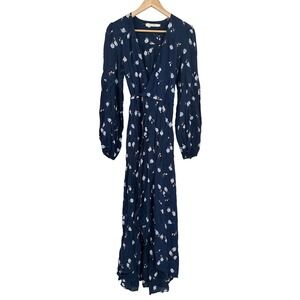 Christy Dawn Bergen Dress Midnight Rose Navy Blue Floral Wrap Midi Long Sleeve L